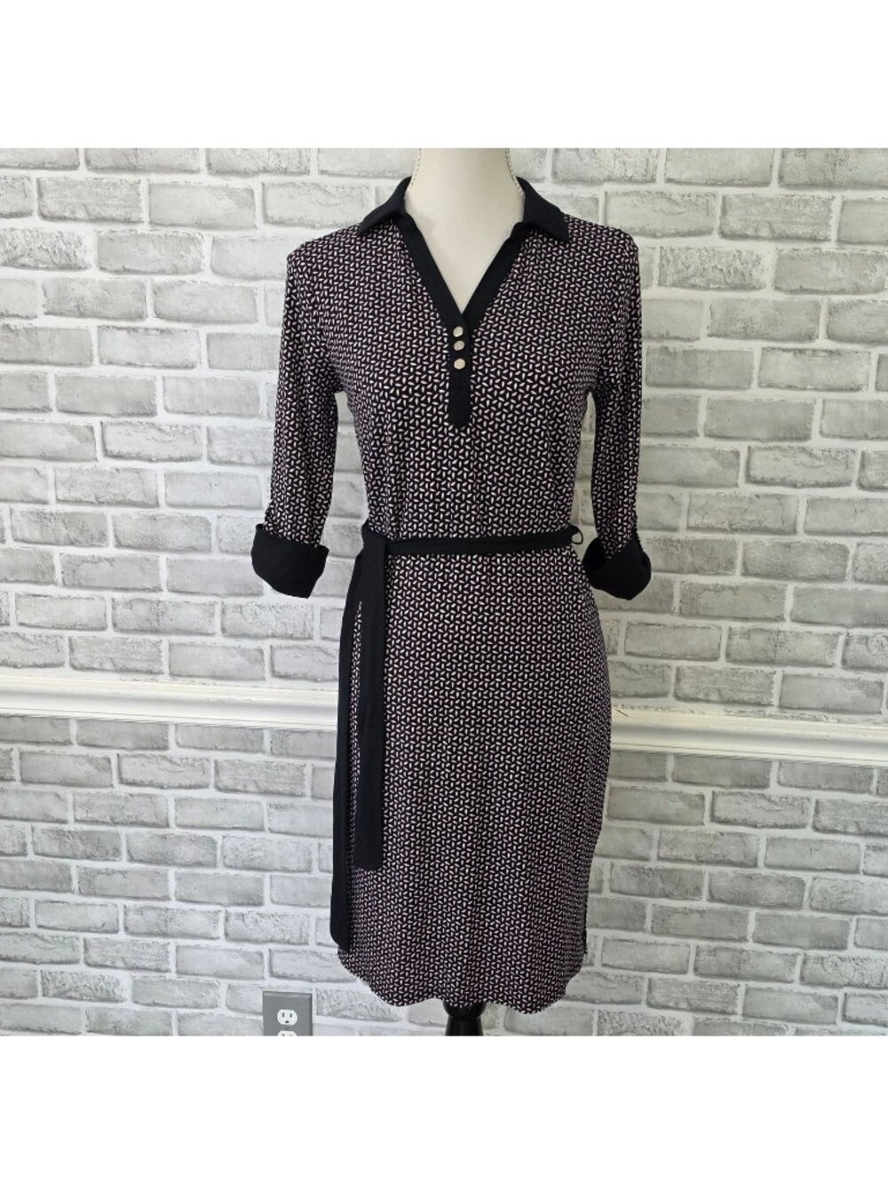 Ann Taylor NWT Dress XS Black Office Long Sleeve Collared Tie Waist Midi